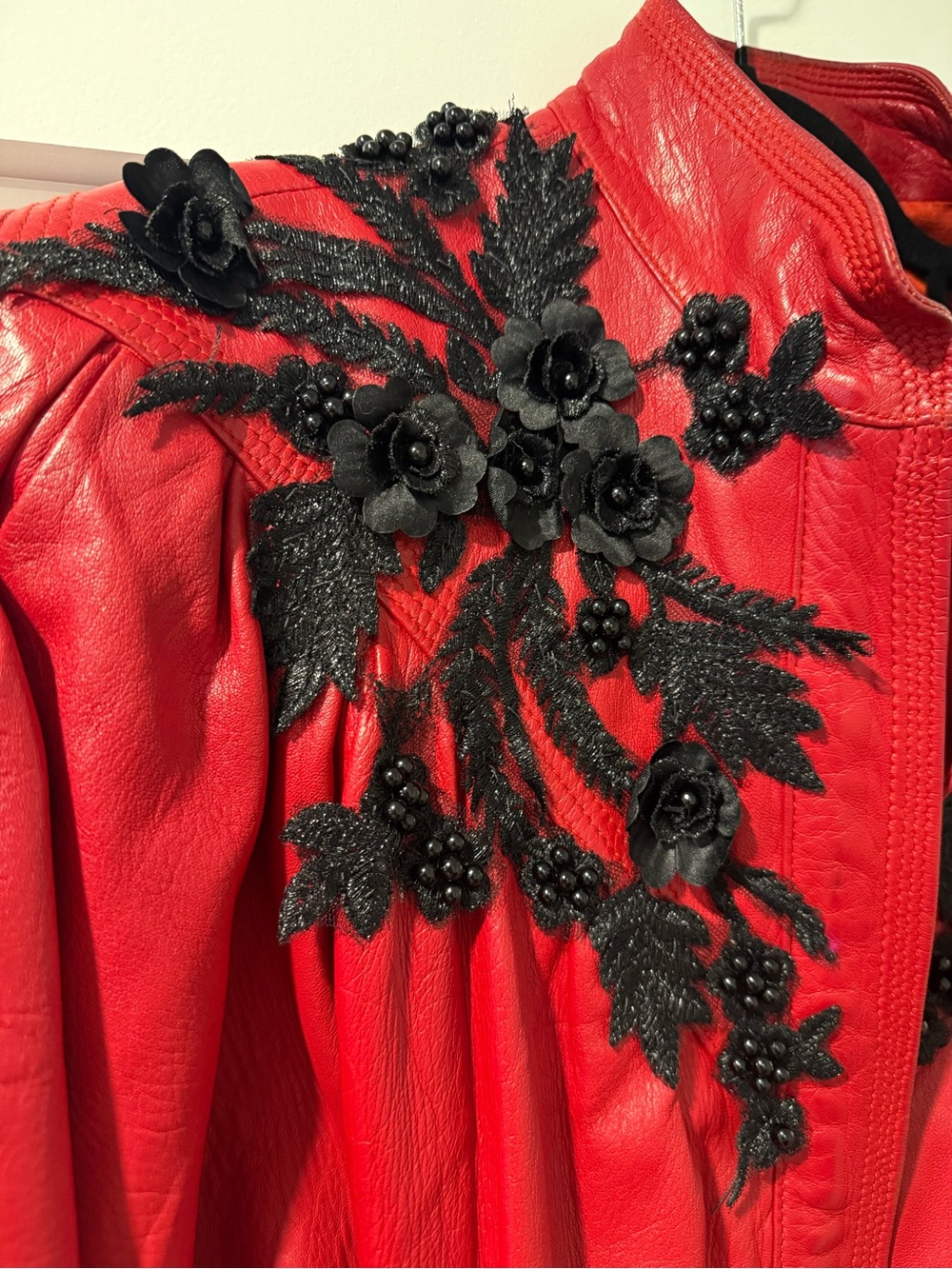 Red Vintage Leather Jacket with Embroidered Detail - Women - Picture 5 of 9
